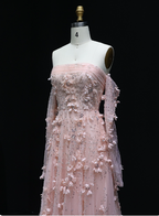 Stunning Pink Strapless 3D Floral Sequin Tulle Train Prom Dress Evening Dress