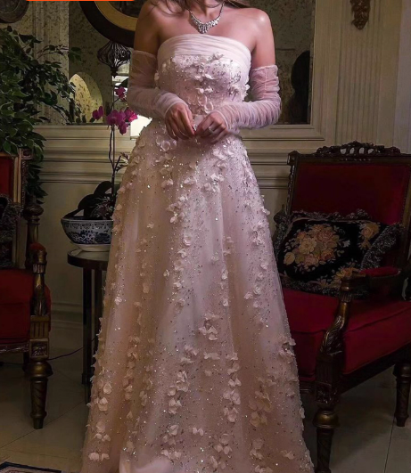 Stunning Pink Strapless 3D Floral Sequin Tulle Train Prom Dress Evening Dress Main image