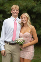Stunning Pink Straps Sequins With Pearls Tight Homecoming Dress