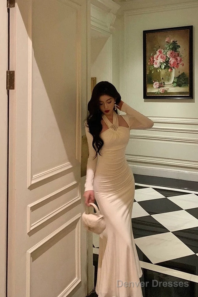 Stunning Sheath Halter Long Sleeves White Date Night Dress Ruffles Prom Dresses Birthday Outfit Secondary image