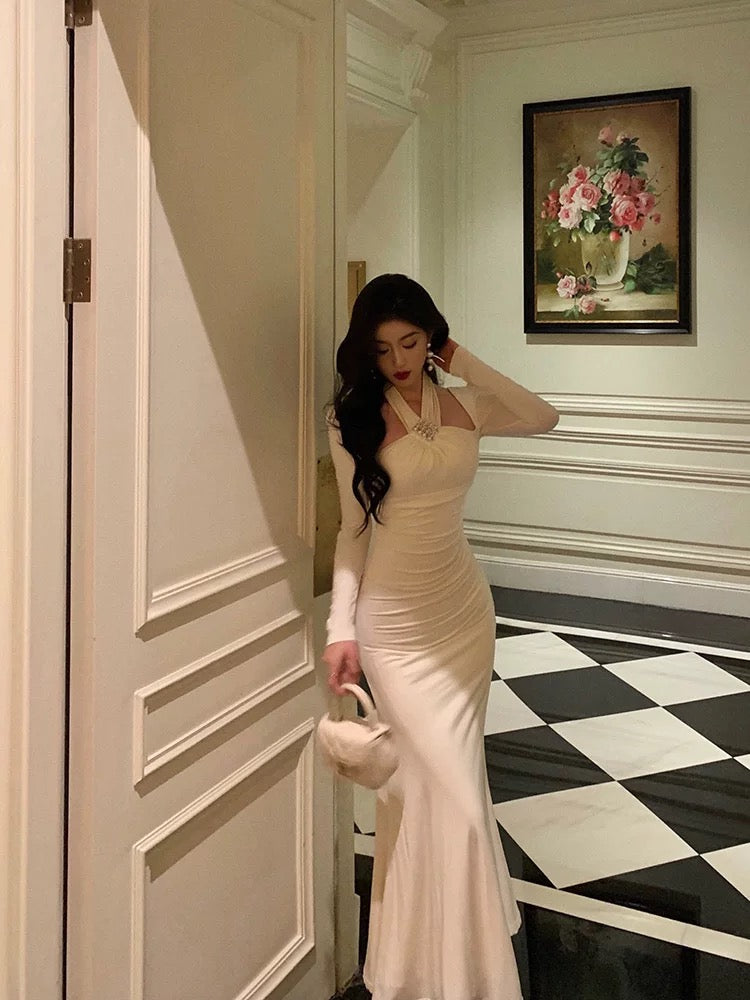 Stunning Sheath Halter Long Sleeves White Date Night Dress Ruffles Prom Dress Birthday Outfit Secondary image
