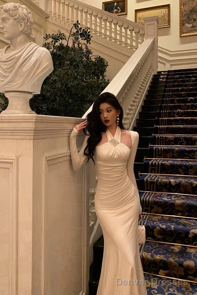 Stunning Sheath Halter Long Sleeves White Date Night Dress Ruffles Prom Dresses Birthday Outfit