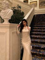 Stunning Sheath Halter Long Sleeves White Date Night Dress Ruffles Prom Dress Birthday Outfit