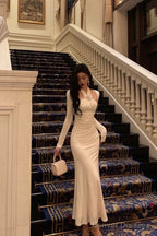 Stunning Sheath Halter Long Sleeves White Date Night Dress Ruffles Prom Dresses Birthday Outfit