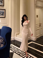 Stunning Sheath Halter Long Sleeves White Date Night Dress Ruffles Prom Dress Birthday Outfit