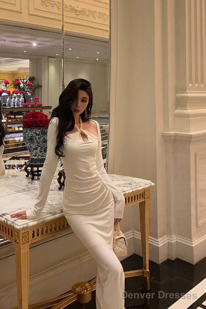 Stunning Sheath Halter Neckline Long Sleeves Date Night Dress White Prom Dresses Birthday Outfit