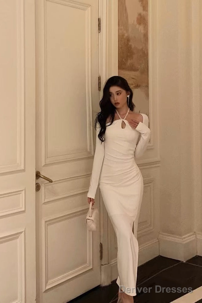 Stunning Sheath Halter Neckline Long Sleeves Date Night Dress White Prom Dresses Birthday Outfit