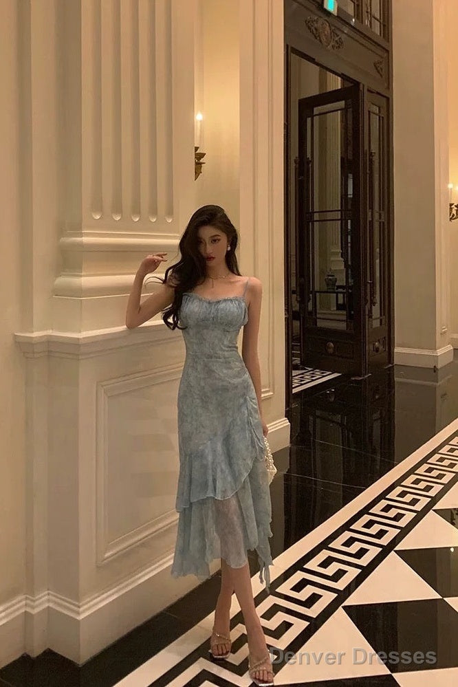 Stunning Sheath Spaghetti Straps Blue Chiffon Ruffles Date Night Dress Prom Dresses Birthday Outfit