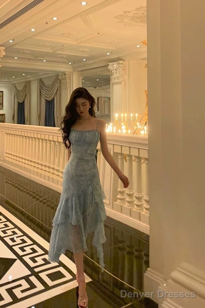 Stunning Sheath Spaghetti Straps Blue Chiffon Ruffles Date Night Dress Prom Dresses Birthday Outfit Main image