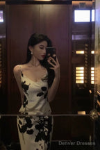 Stunning Sheath Spaghetti Straps Floral White Date Night Dress Prom Dresses Birthday Outfit