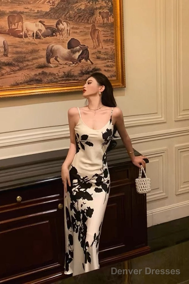 Stunning Sheath Spaghetti Straps Floral White Date Night Dress Prom Dresses Birthday Outfit Main image