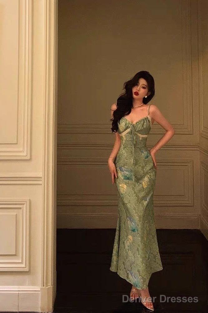 Stunning Sheath Spaghetti Straps Green Satin Date Night Dress Prom Dresses Birthday Outfit Main image