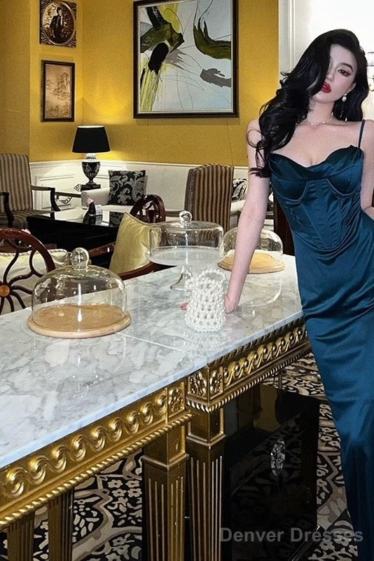 Stunning Sheath Spaghetti Straps Navy Blue Date Night Dress Ruffles Prom Dresses Birthday Outfit