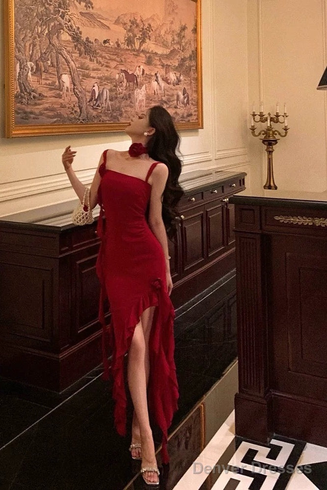 Stunning Sheath Spaghetti Straps Red Ruffles Date Night Dress Prom Dresses Birthday Outfit Secondary image