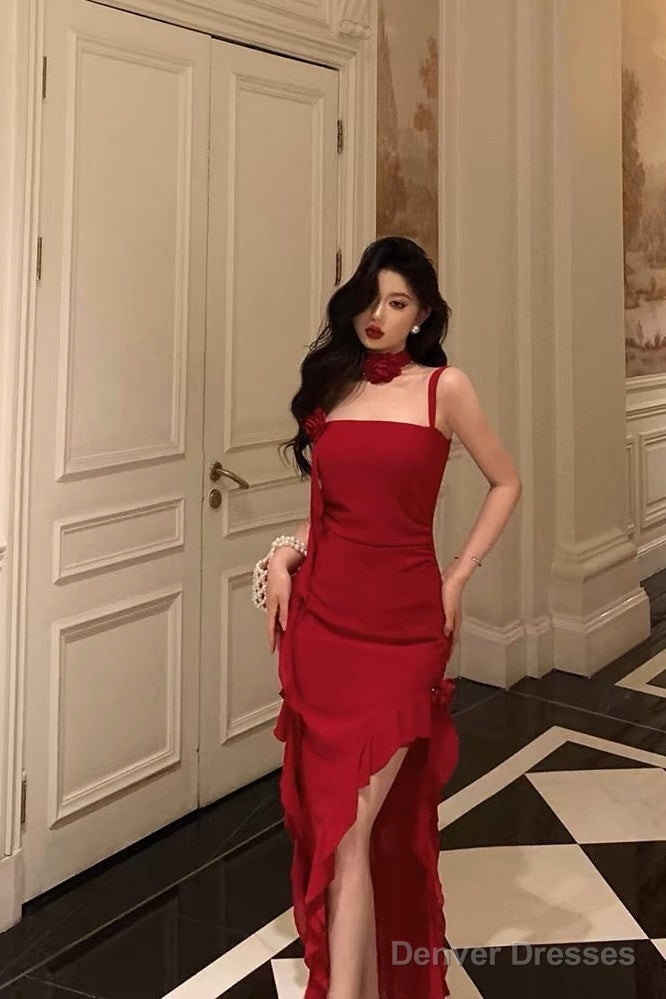 Stunning Sheath Spaghetti Straps Red Ruffles Date Night Dress Prom Dresses Birthday Outfit