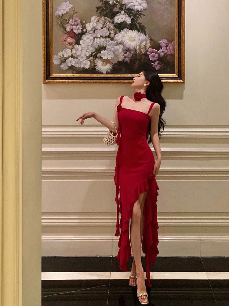 Stunning Sheath Spaghetti Straps Red Ruffles Date Night Dress Prom Dress Birthday Outfit