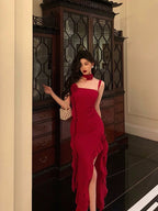 Stunning Sheath Spaghetti Straps Red Ruffles Date Night Dress Prom Dress Birthday Outfit