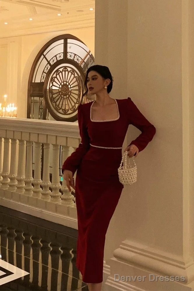 Stunning Sheath Square Neckline Long Sleeves Date Night Dress Red Prom Dresses Birthday Outfit Secondary image