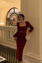 Stunning Sheath Square Neckline Long Sleeves Date Night Dress Red Prom Dresses Birthday Outfit