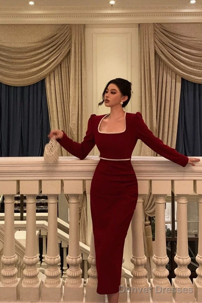 Stunning Sheath Square Neckline Long Sleeves Date Night Dress Red Prom Dresses Birthday Outfit Main image