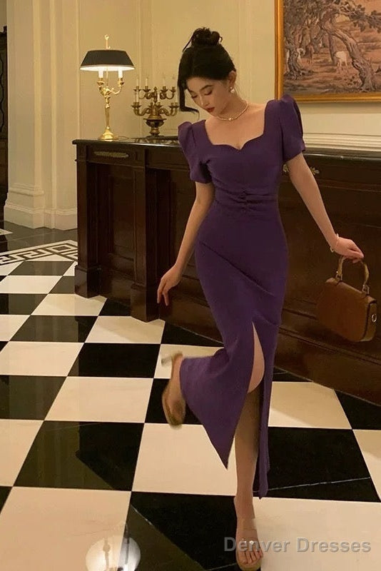 Stunning Sheath Square Neckline Short Sleeves Date Night Dress Grape Prom Dresses Birthday Outfit