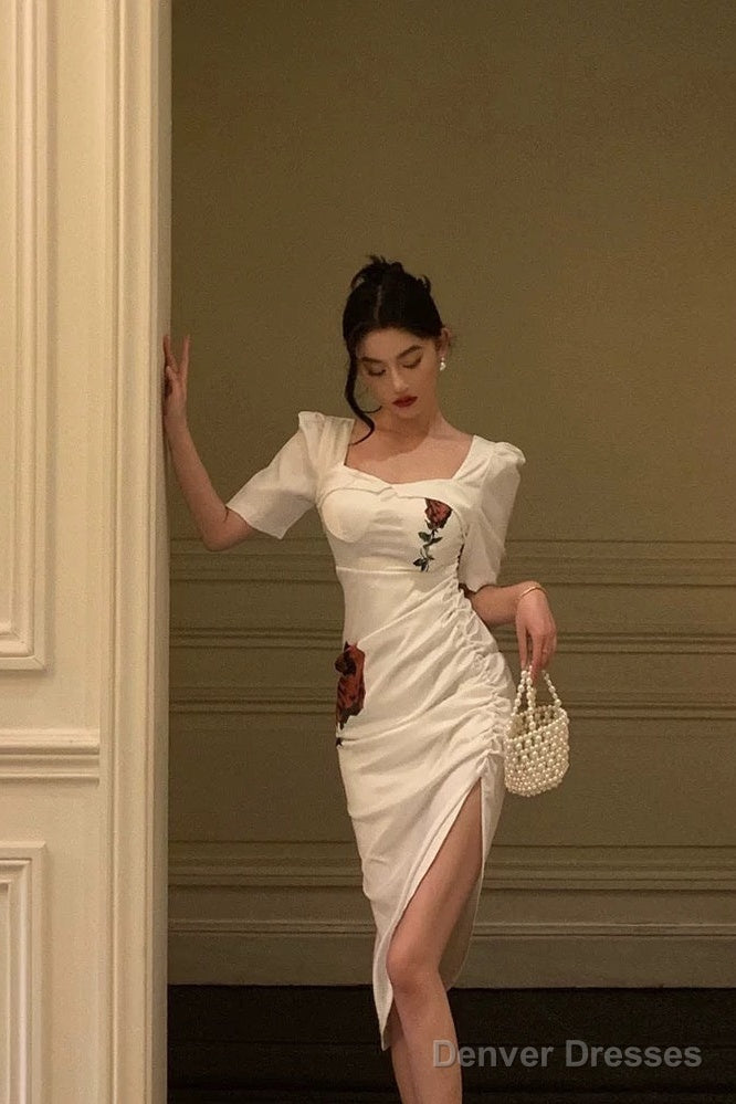 Stunning Sheath Square Neckline Short Sleeves Date Night Dress White Prom Dresses Birthday Outfit Secondary image