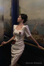 Stunning Sheath Square Neckline Short Sleeves Date Night Dress White Prom Dresses Birthday Outfit