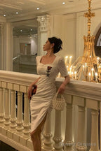 Stunning Sheath Square Neckline Short Sleeves Date Night Dress White Prom Dresses Birthday Outfit