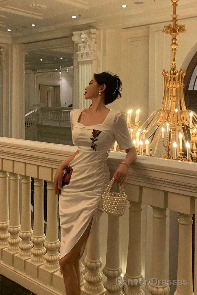 Stunning Sheath Square Neckline Short Sleeves Date Night Dress White Prom Dresses Birthday Outfit Main image