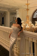 Stunning Sheath Strapless White Feather Date Night Dress Prom Dresses Birthday Outfit