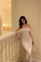 Stunning Sheath Strapless White Feather Date Night Dress Prom Dresses Birthday Outfit