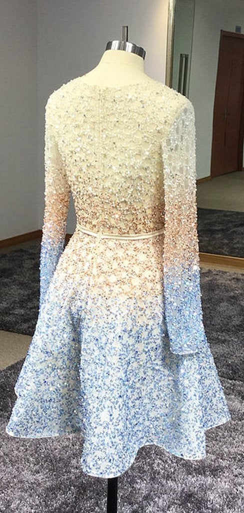 Stunning Sparkly Beading Sequin Long Sleeve V-Neck Homecoming Dresses