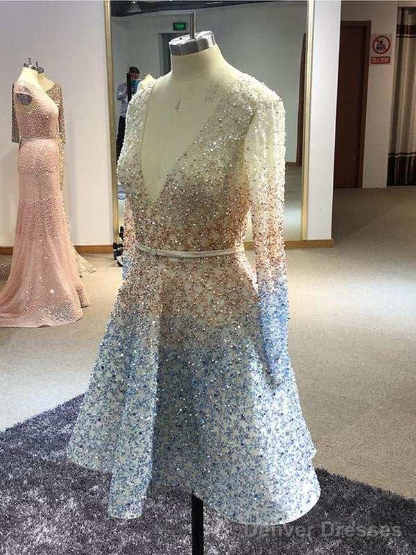 Stunning Sparkly Beading Sequin Long Sleeve V-Neck Homecoming Dresses Main image