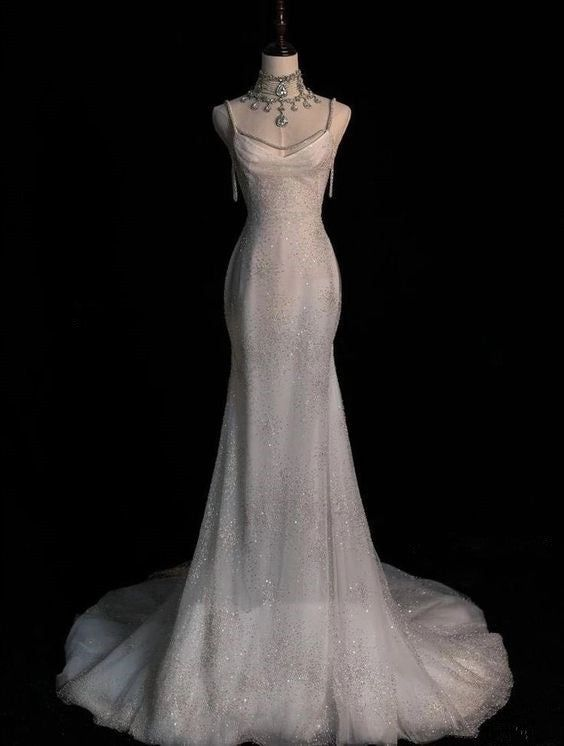 Stunning White Backless Mermaid Shiny Party Gown Wedding Dress