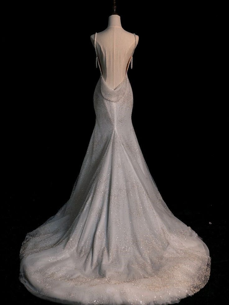 Stunning White Backless Mermaid Shiny Party Gown Wedding Dress