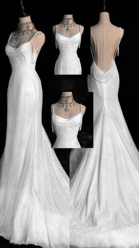 Stunning White Backless Mermaid Shiny Party Gown Wedding Dress