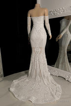 Stunning White Long Sleeves Mermaid Prom Dresses Off-the-Shoulder Long
