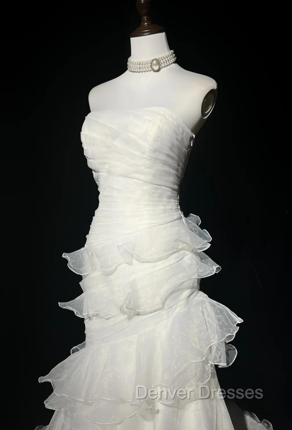Stunning White Strapless Mermaid Organza Long Prom Dress Simple Wedding Dress Secondary image
