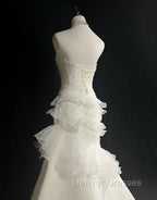 Stunning White Strapless Mermaid Organza Long Prom Dress Simple Wedding Dress