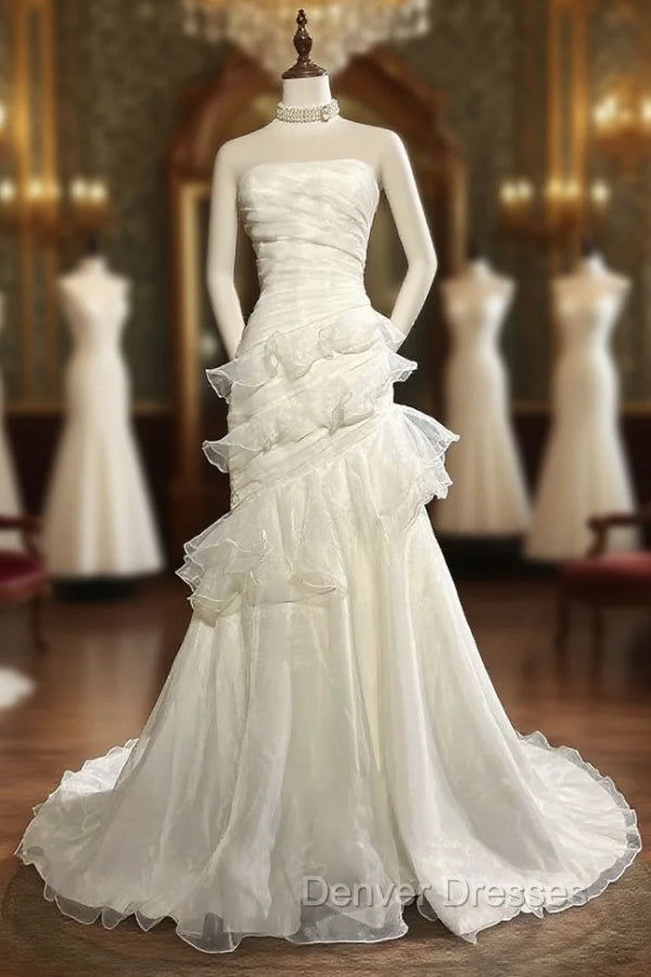 Stunning White Strapless Mermaid Organza Long Prom Dress Simple Wedding Dress Main image