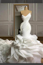 Stunning White Strapless Ruffles Long Train Mermaid Wedding Dresses