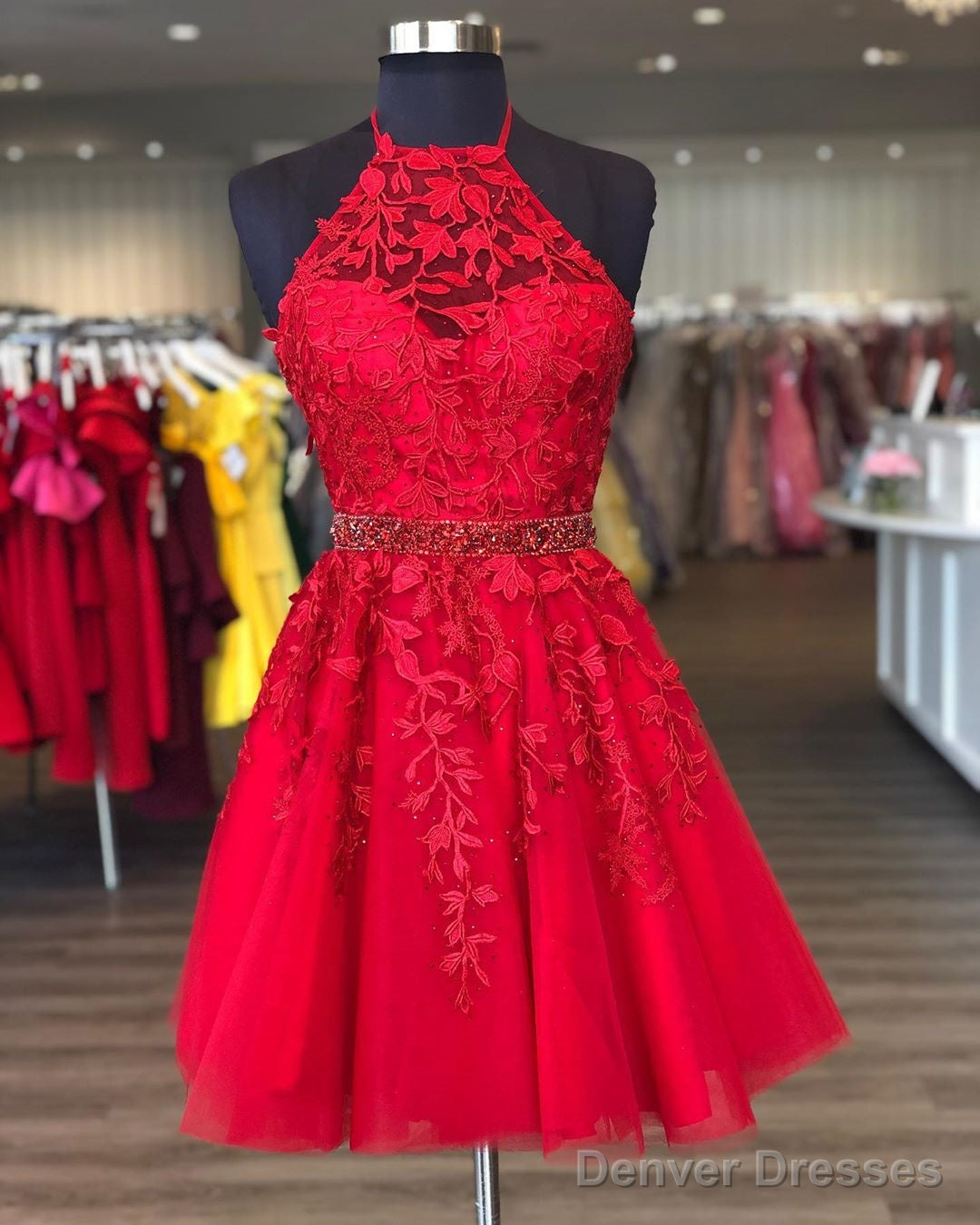 Stylish A Line Halter Red Short Homecoming Dress With Appliques Main image