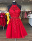 Stylish A Line Halter Red Short Homecoming Dress With Appliques