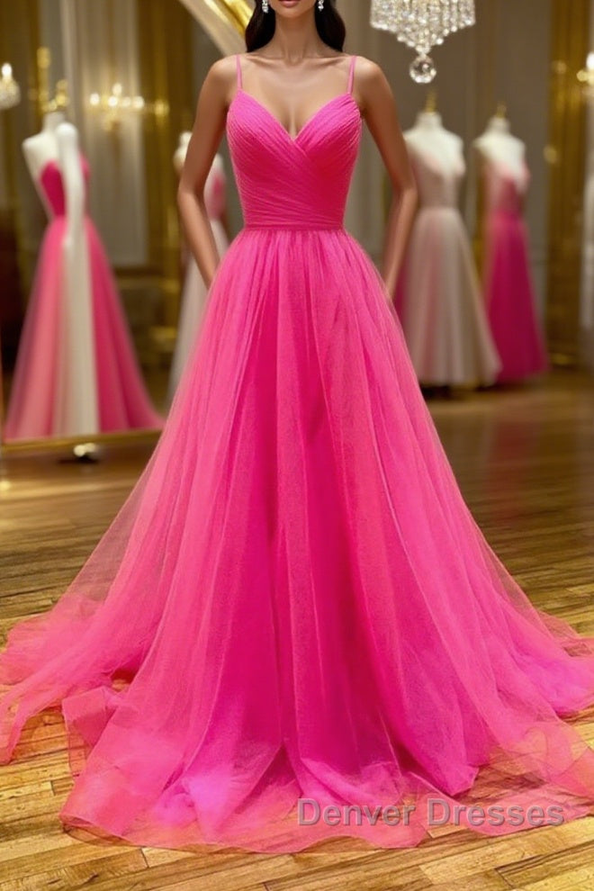 Stylish A Line V Neck Backless Hot Pink Long Prom Dress, Backless Hot Pink Formal Graduation Evening Dress Main image