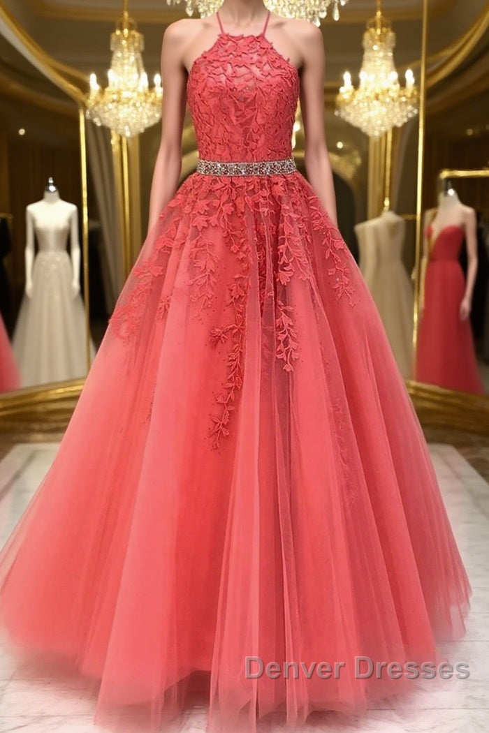 Stylish Backless Coral Lace Long Prom Dress, Coral Lace Formal Graduation Evening Dress Main image