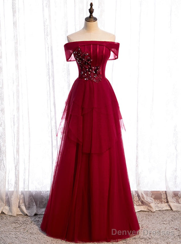 Stylish Burgundy Tulle Off the Shoulder Appliques Beading Prom Dress Main image