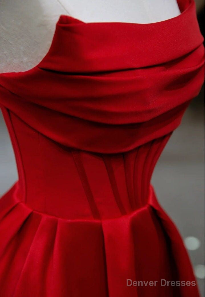 Stylish Red Satin Backless Pleated A Line Evening Gown Prom Dress
