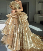 Stylish Golden Tiered Ball Gown Long Evening Party Dress