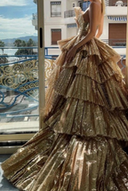 Stylish Golden Tiered Ball Gown Long Evening Party Dress
