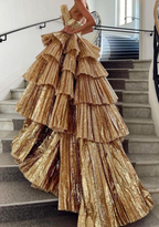 Stylish Golden Tiered Ball Gown Long Evening Party Dress